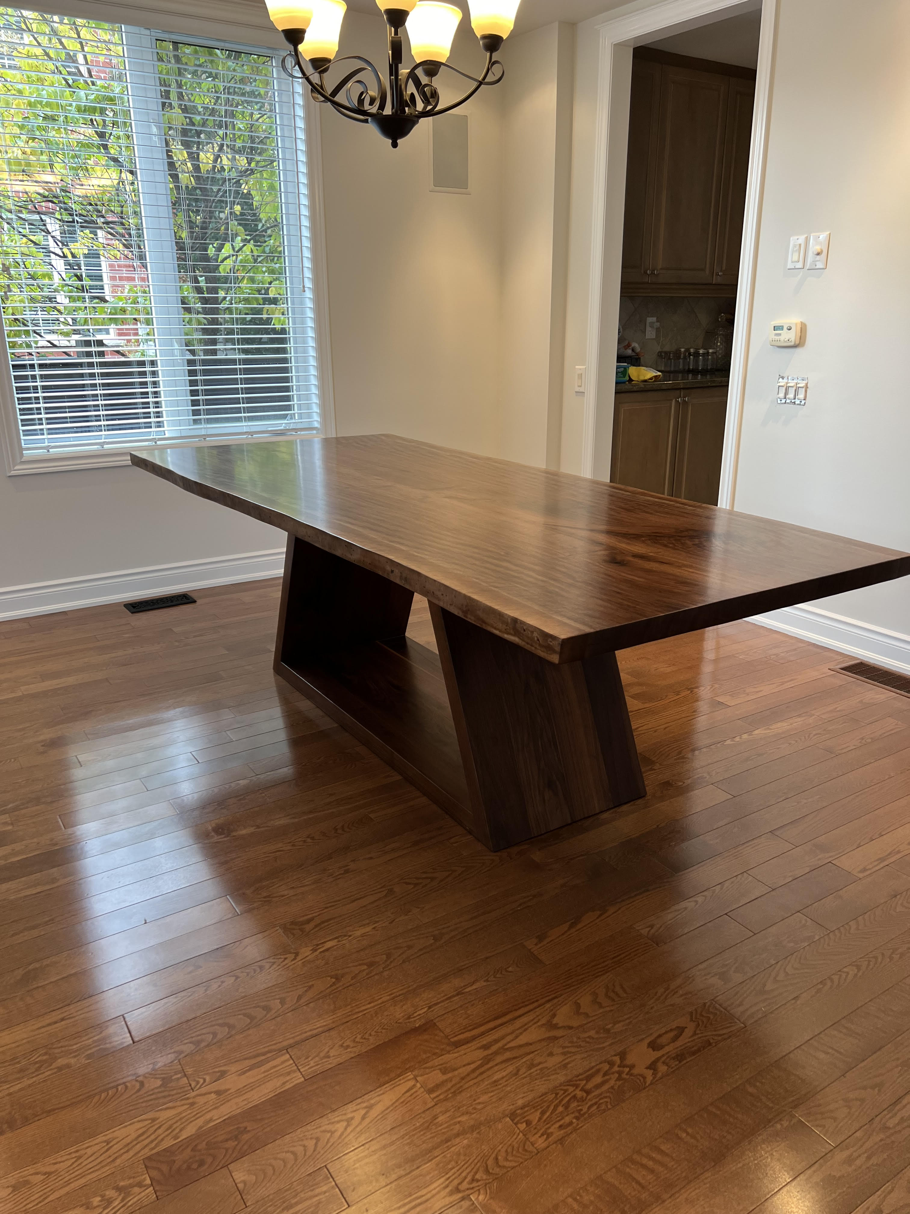 Live Edge Walnut Dining Table with Custom Trapezoid Base - Crown Point Wood Co.