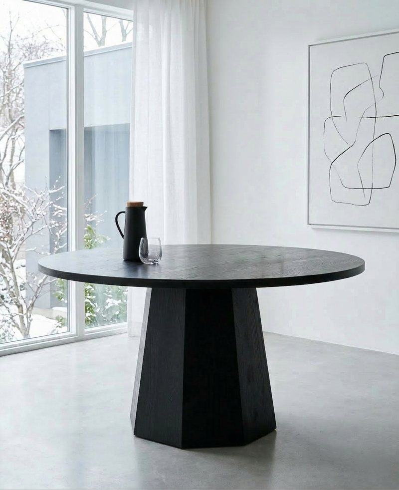 Black Ash Round Dining Table with Tapered Octagonal Base