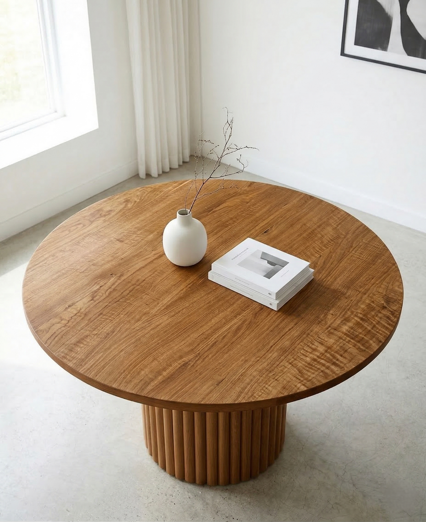 White Oak Round Dining Table with Reeded Pedestal Base