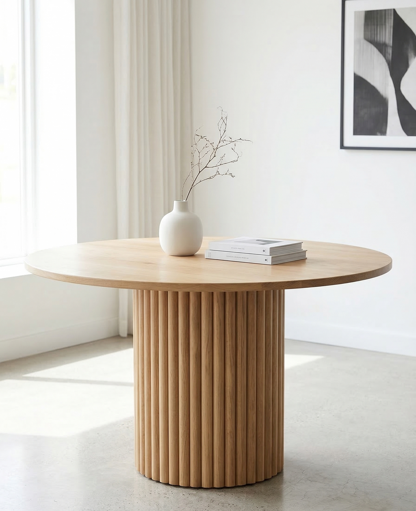White Oak Round Dining Table with Reeded Pedestal Base