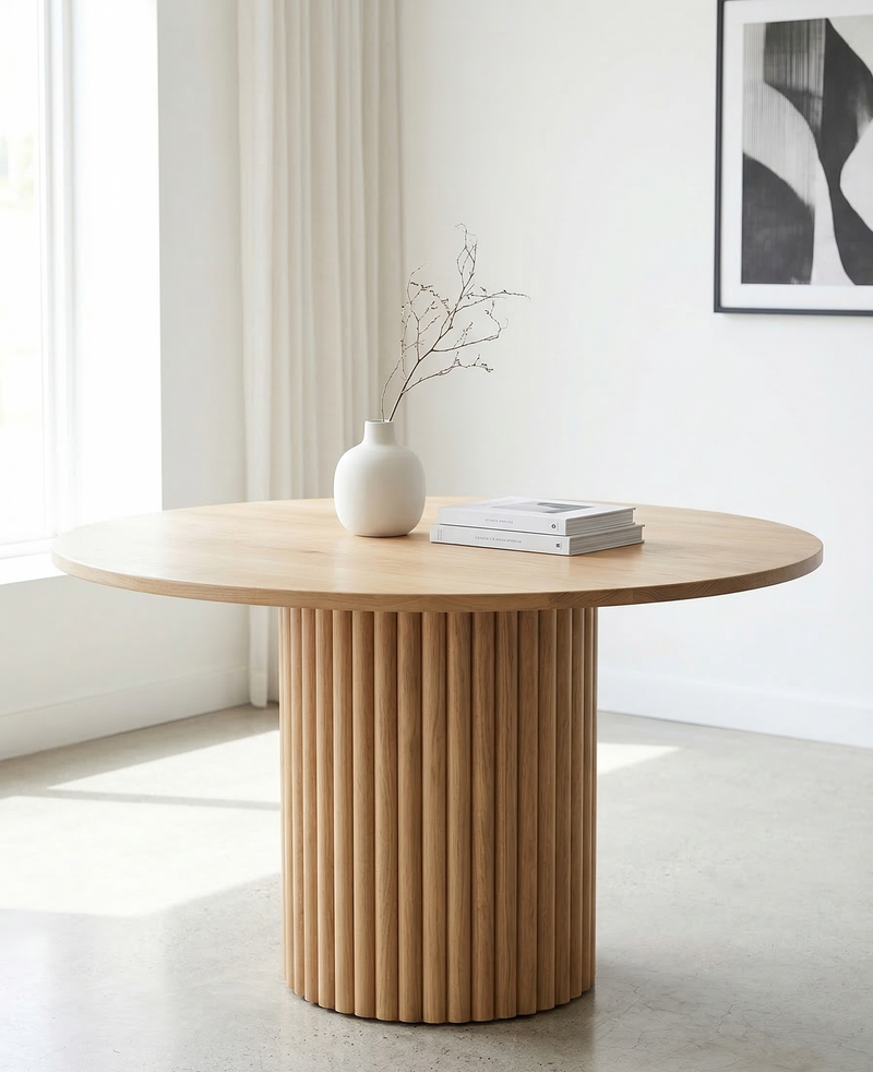 White Oak Round Dining Table with Reeded Pedestal Base