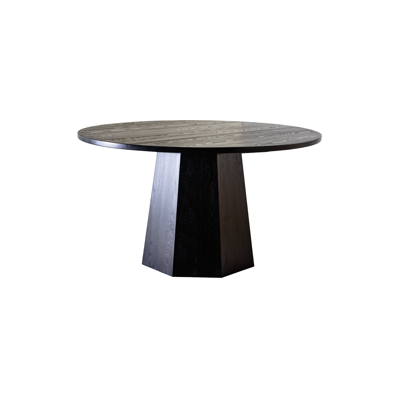 Black Ash Round Dining Table with Tapered Octagonal Base - Crown Point Wood Co.